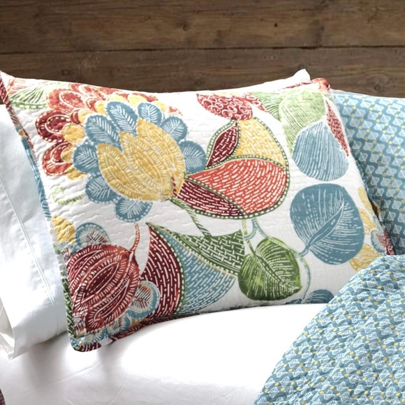 Quilt Floral Leaf Print 3 Piece Reversible Bedding Set Full/Queen Orange & Blue - Picture 3 of 5